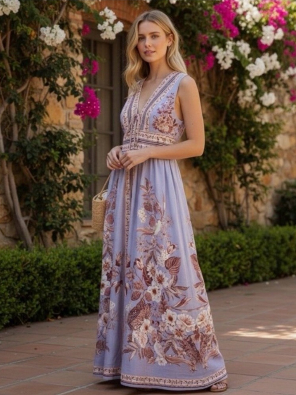 Caroline Constas Lavender Floral Tie-Front Maxi Dress